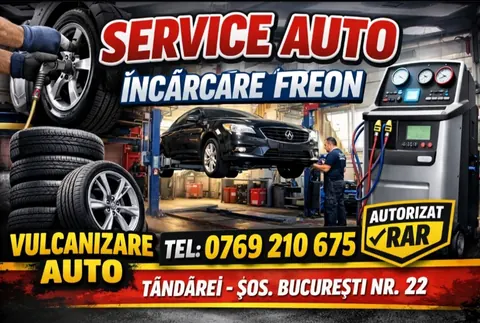 Afiș: Service auto, încărcare freon, vulcanizare auto, Țăndărei, Șos. București nr. 22, tel. 0769 210 675