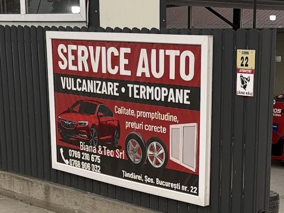 Panoul roșu de la poarta service-ului: Service auto, Vulcanizare, Termopane, cu desenul unei ferestre